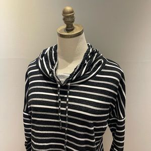 Cute black, grey, white striped Cynthia Rowley top. Faux hoodie with drawstring.